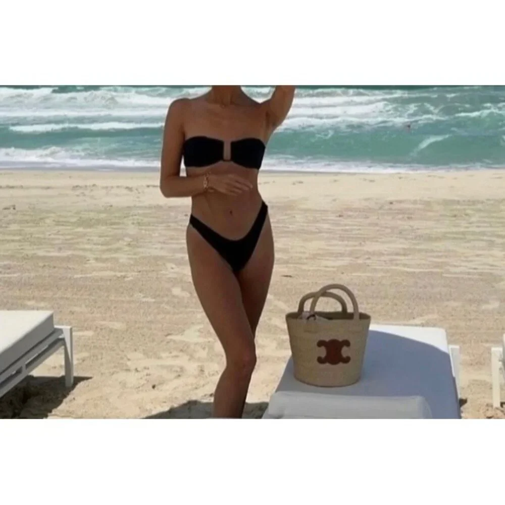Monday Swimwear Cheeky Bikini Bottom Mid Rise Minimalist Black Beach Pool Sz VV